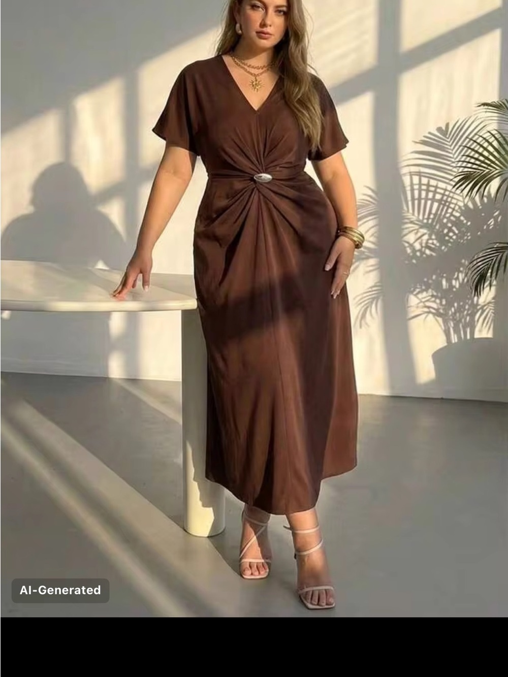 SHEIN Brown Knot-Front V-Neck Midi Dress